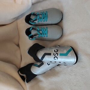 DSG Kids Soccer Cleats And Shin Guards in Gray and Teal | Toddler Size 9